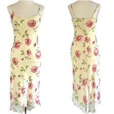 VTG Byer Too! Y2K Butter Yellow Floral Crinkled Ruffle Hem Midi Dress Womens M