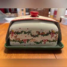 NEW Cath Kidston London Christmas Garland Stoneware Butter Dish w/ Lid