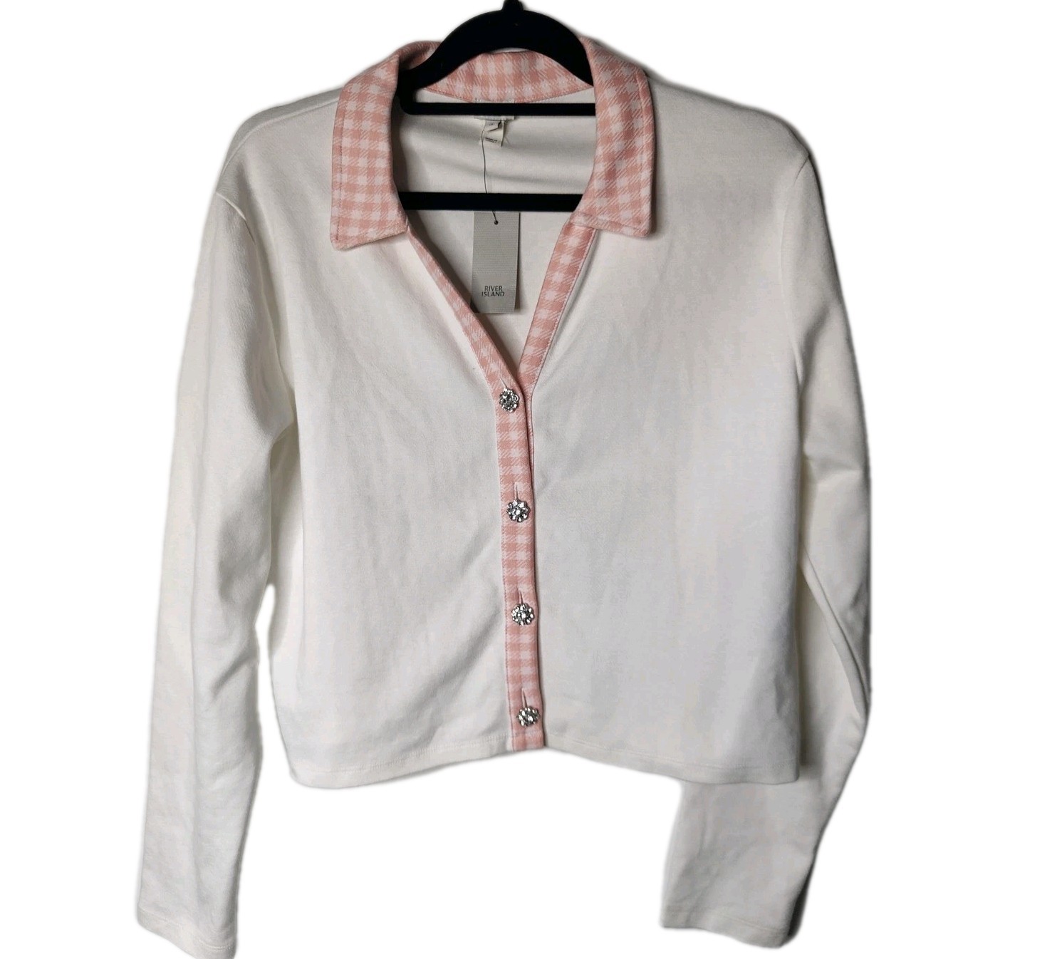 River Island Cardigan Size 16 White Pink Check Flower Jewel Button BNWT RRP £40