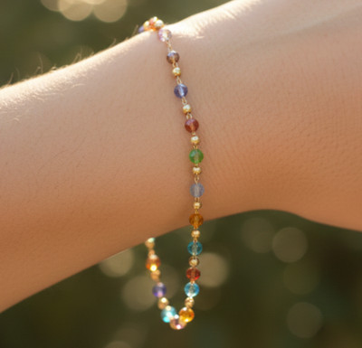 Handmade Minimalist Gold Tone Brass Bracelet With Rainbow Multi Color Cubic
