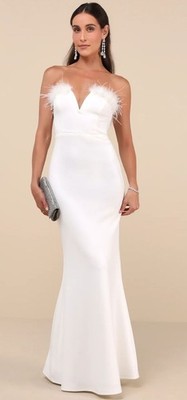 Lulus Glam White Feather Strapless Mermaid Maxi Dress Women's Size Large NWT!