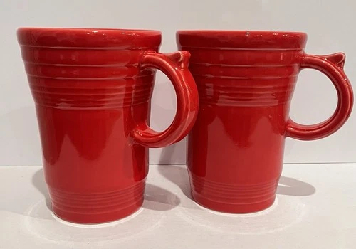 Pair Of Fiestaware Scarlet Red Large Latte Mugs "Thumb Handle" (READ)
