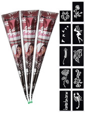 3X Tempor&auml;re Tattoo Nat&uuml;rliche + 10X Henna Schablone, Mehndi Tattoos, Kegel, T&auml;t