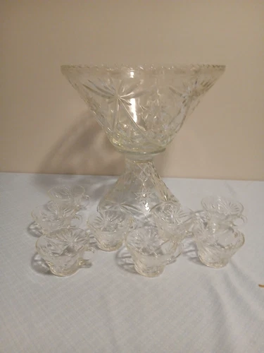 Vtg Anchor Hocking Star of David Punch Bowl/Stand/8 Cups