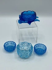 Vintage Turquoise/Cobalt Blue Pressed Glass Art Deco 4 Open Salt Cellars /roh