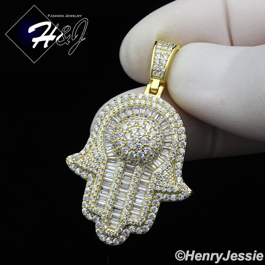 925 STERLING SILVER CUBIC ZIRCONIA GOLD PLATED/SILVER HAMSA HAND  PENDANT*SP382
