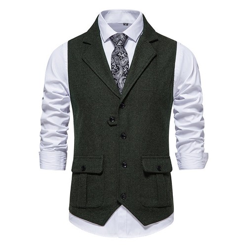 Men's Tweed Slim Fit Vests Wool Jackets Single Breasted British Style Waistcoats - Picture 17 of 22