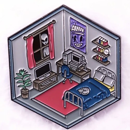 Weird Enamel Pin - Bedroom With Peeking Alien At Window - Peeping Roswell Gray
