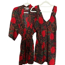 Val Mode Vintage Sz Med  Lingerie Satin Kimono Gown Robe Set Red Floral