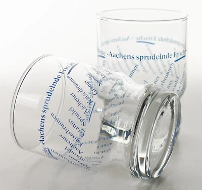 2 x Aachener Kaiserbrunnen Wasserglas blaue Schrift Erfrischungsgetränk 3263