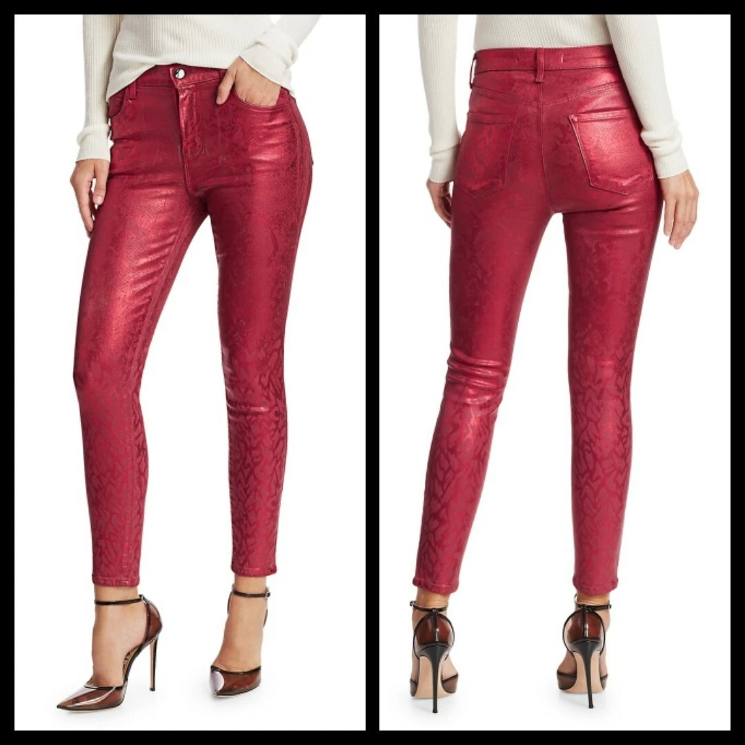 J Brand Alana High Rise Coated Python Print Crop Skinny Red Jeans Size 24
