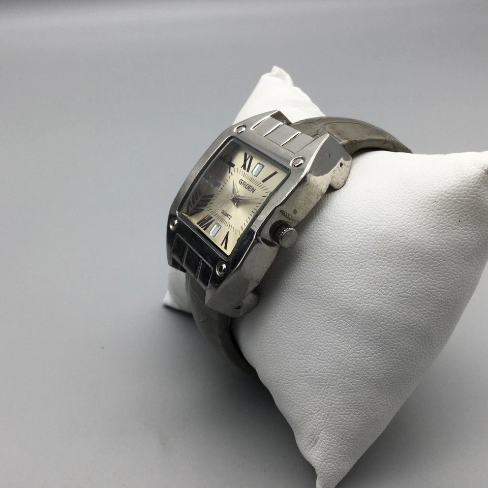 Reloj Gruen Mujer 34mm Tono Plateado Cuadrado Esfera Bisagras Puño Abierto Batería Nueva Foto 4 de 4