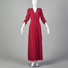 S 1940s Raspberry Pink Rayon Evening Gown Elbow Sleeves Slit Hem V neck 40s VTG