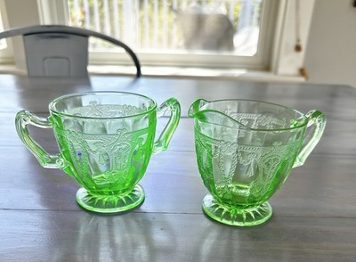Vintage Anchor Hocking cameo green uranium glass sugar and creamer