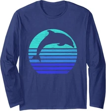 Retro Dolphin Silhouette Retro Design Dolphin Ocean Long Sleeve T-Shirt
