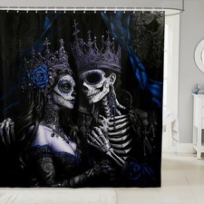 Sugar Skull Couple Shower Curtain Set, Vintage Gothic Bathroom 72"Wx72"L,Goth...