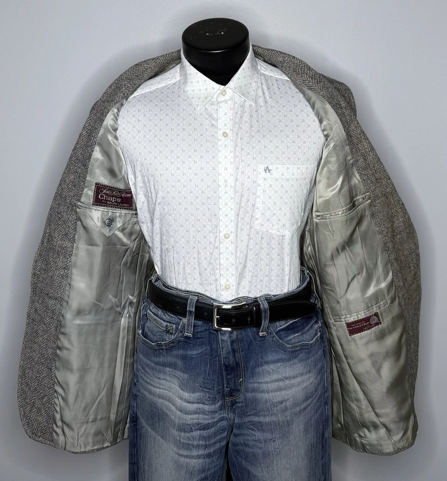 Vintage Chaps Ralph Lauren Tweed Wool Herringbone Windowpane Blazer 38R Leather - Image 4 of 4