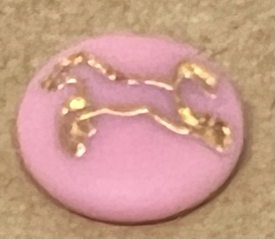 Vintage  Kiddie HP Pink Glass w Incised HP  Metallic Gold HORSE Button 1/2” - Image 3 of 4