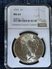 1923 NGC MS 63 Peace Silver Dollar, United States of America Silver $1 Coin