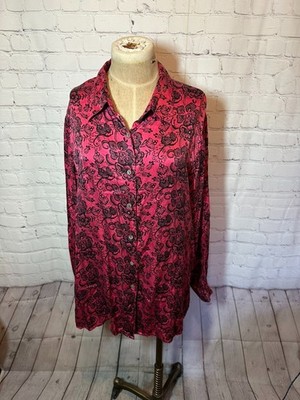100% Silk Long Sleeve Red and Black Floral Blouse size 1X Notations