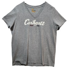 Carhartt Womens XL Gray Relaxed Fit V-Neck Graphic T-Shirt Made in USA