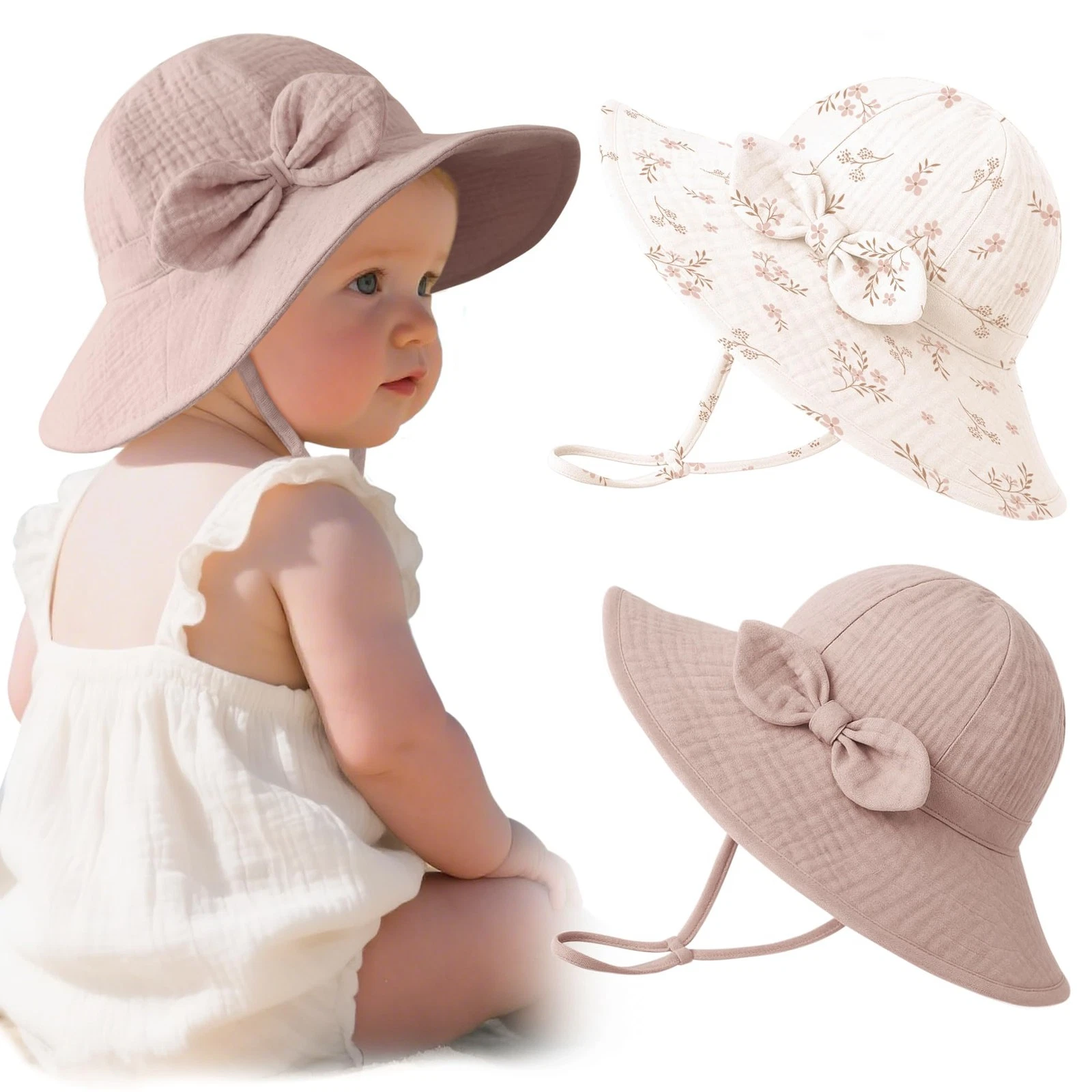 2 PCS Muslin Baby Sun Hat UPF 50+ Wide Brim Summer Beach Bucket Girls Boys