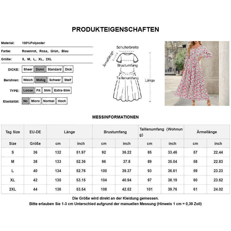 Damen Drucken Partykleid Maxikleid V-Neck Herbstkleid A-Linie Freizeitkleid .* - Bild 2 von 4