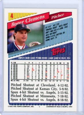 1993 Topps Roger Clemens #4 Boston Red Sox Baseball Card | eBay