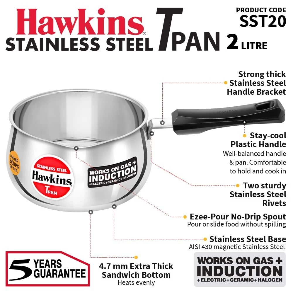 Hawkins 2 Litre Tpan, Stainless Steel Tea Pan, Induction Sauce Pan, Chai Pan
