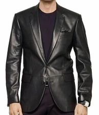 Men's Genuine Soft Lambskin Pure Leather Blazer Jacket TWO BUTTON Coat Classic
