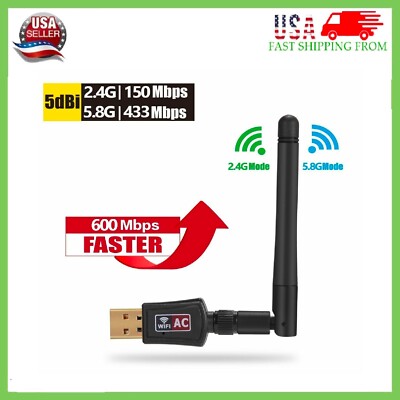 600Mbps Wireless USB Wifi Adapter Dongle Dual Band 2.4G/5GHz W/Antenna 802.11AC