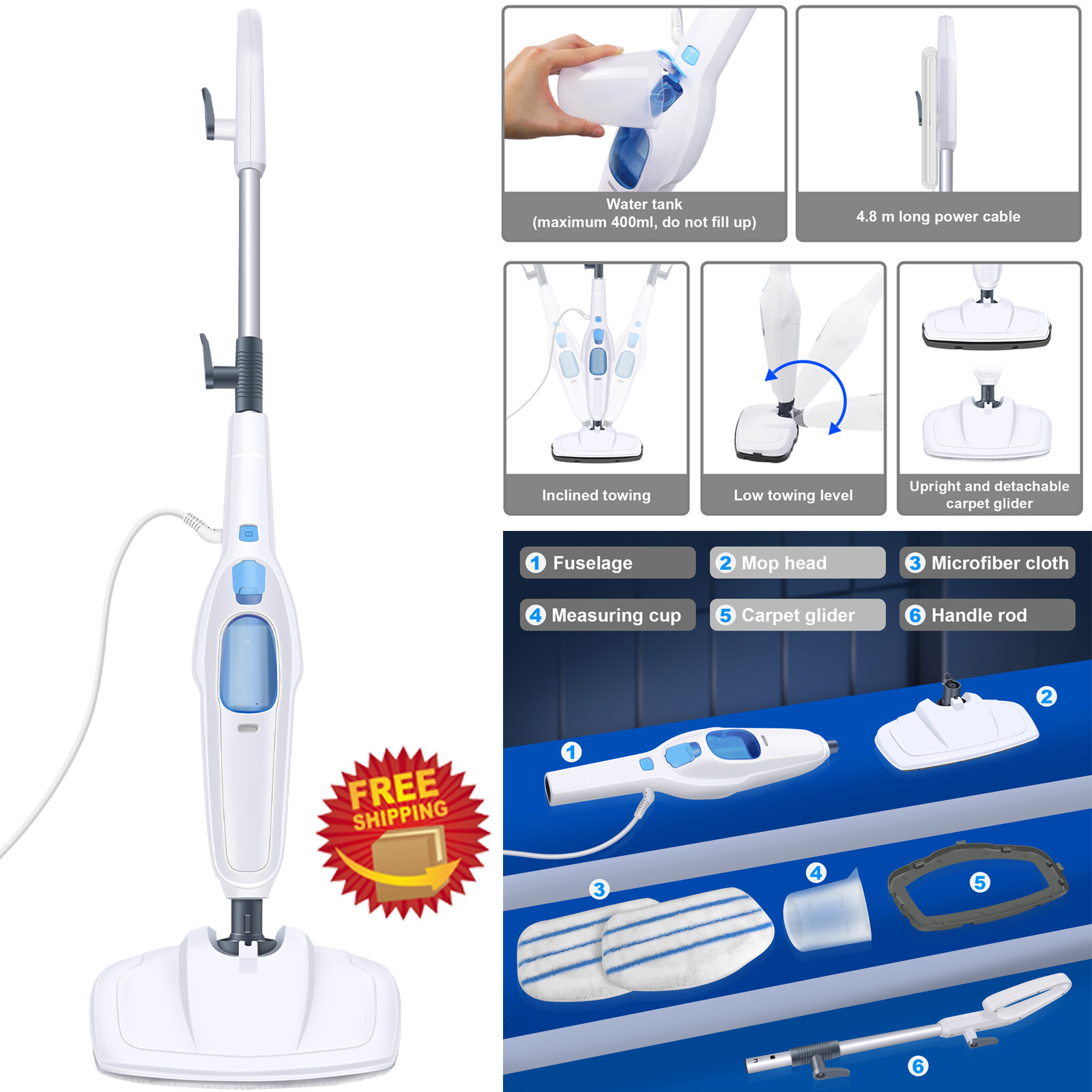 1500W Steam Mop Cleaner Floor Carpet Window Washer Hand Steamer 400ML Portable-image