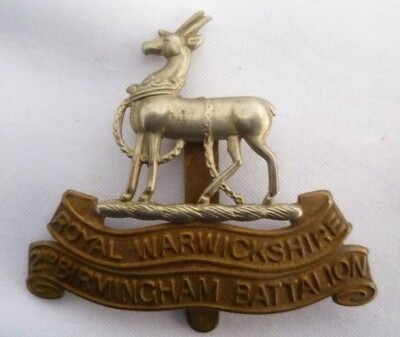 Royal Warwickshire 2nd Birmingham Batt Mützenabzeichen Bi-Metall Schieber Vintage Org