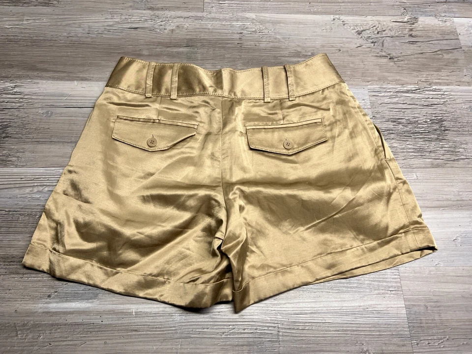 Club Monaco Womens Pleated Shorts Gold Satin Viscose Cotton Blend Size 4 - Image 2 of 4