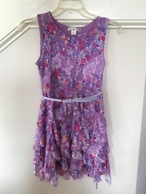 Knit Works Girls Lavender Floral Sleeveless Lined Lace Dress Size 10 EUC