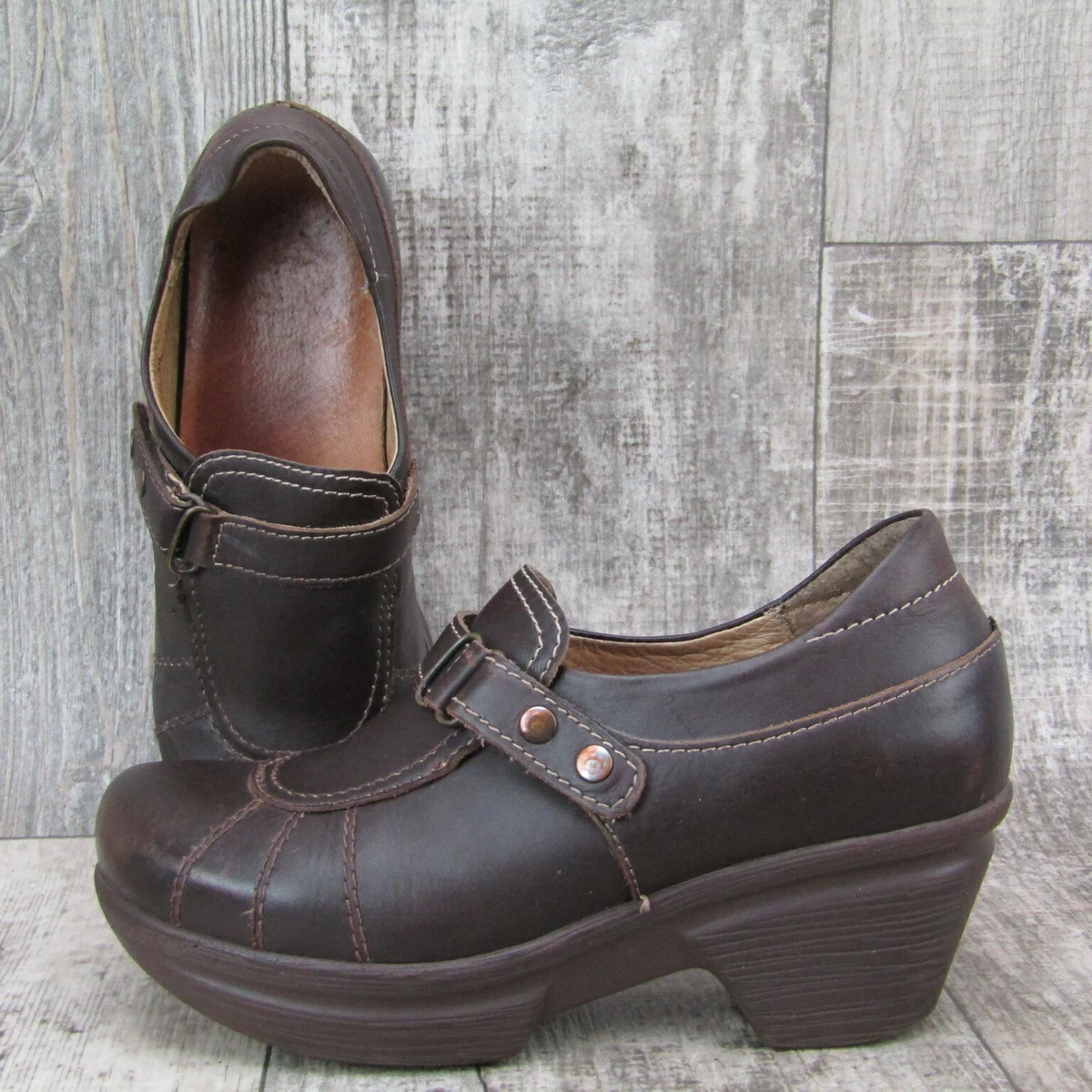 Sanita Clogs 36 Brown Platform Shoes 6 Embroidered Strap Leather