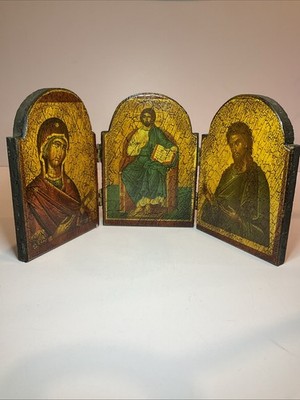 Vintage Greek Orthodox Triptych Icon Wood Folding Byzantine Jesus Mary 6 