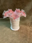Vintage 1940s Fenton art glass light pink peach crest ruffled ribbed vase #2