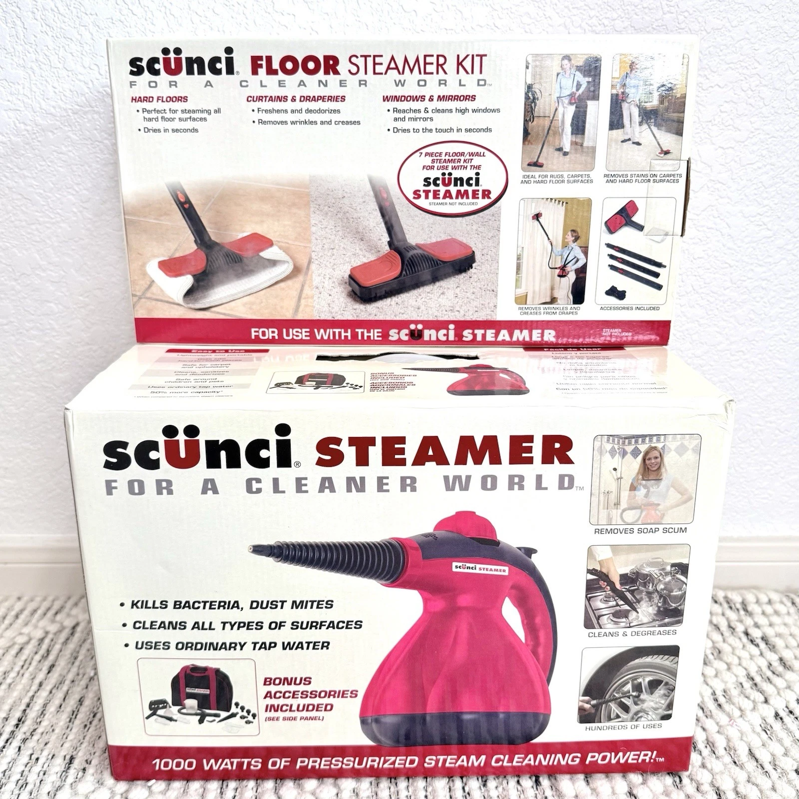 Scunci Steamer SS1000 Hand Held Steam Cleaner w/ Attachments & Floor Kit Set