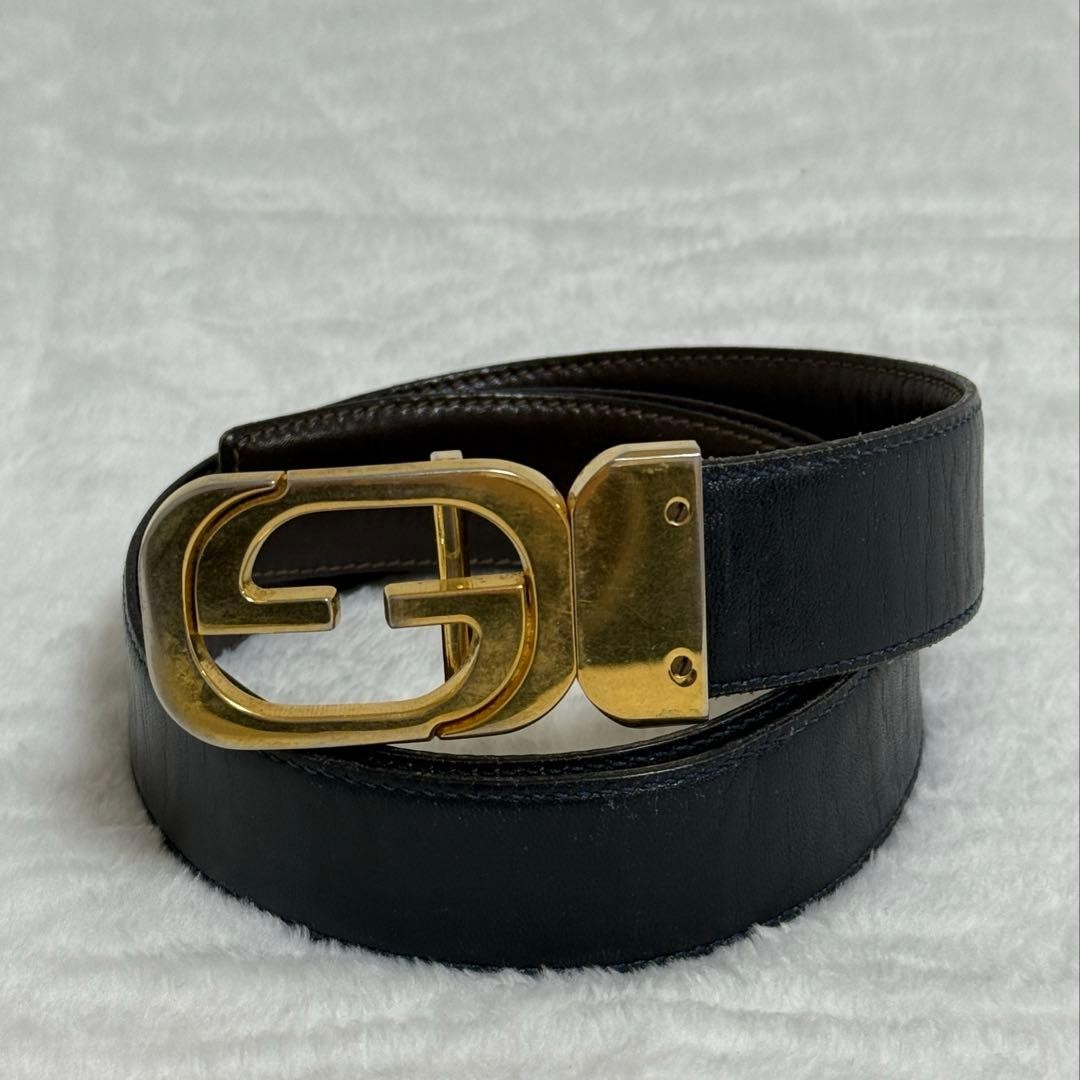 GUCCI buckle belt GG Logo Leather Men's hardware Used Made in Italy Black Gold