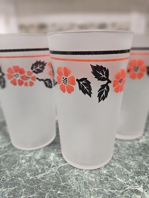 VINTAGE GLASS WARE HALL RED POPPY FROSTED GLASSES 5 PCS.