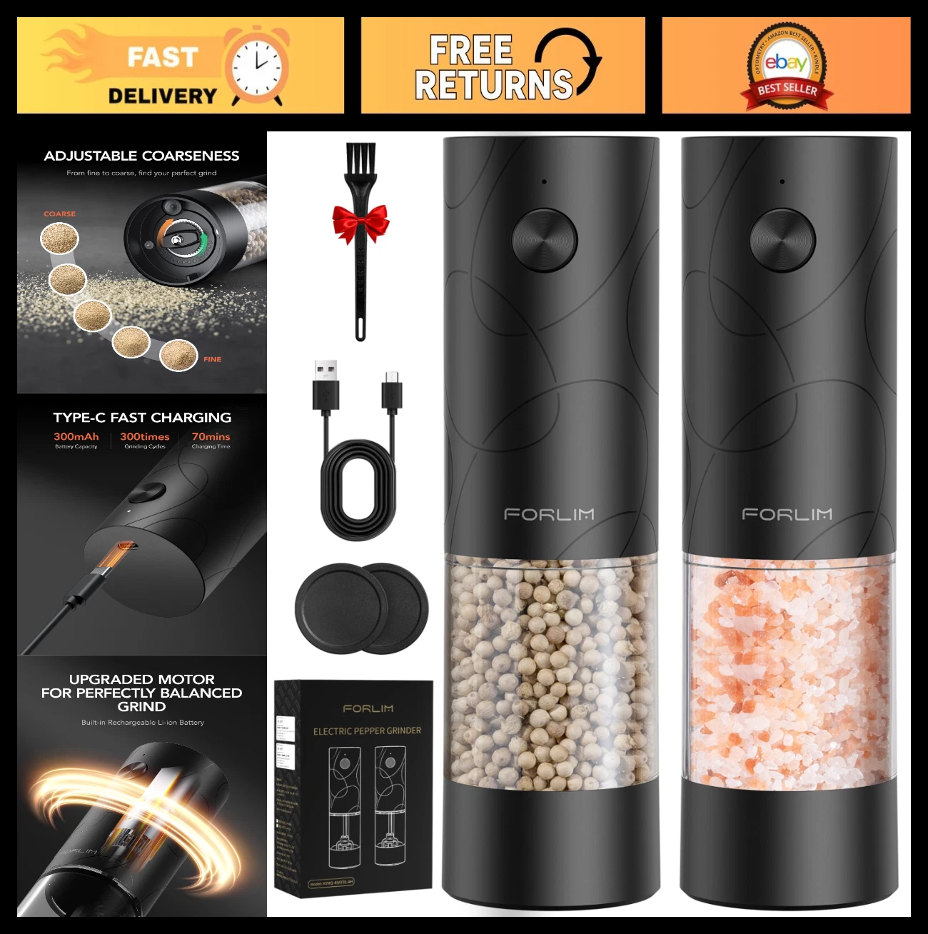 Electric Salt and Pepper Grinder Set - USB Rechargeable, Automatic, Adjustable C