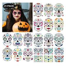 21 Pack Hallowee Temporary Face Tattoos Day of the Dead Sugar Skull Face Tattoo