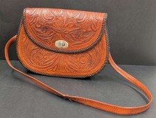 Vintage 60s-70s Hand Tooled Brown Leather Crossbody Purse Handbag Floral Design
