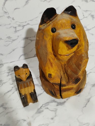 2 Ussr Hand Carved Folk Art Sitting Bear Figures Mcm