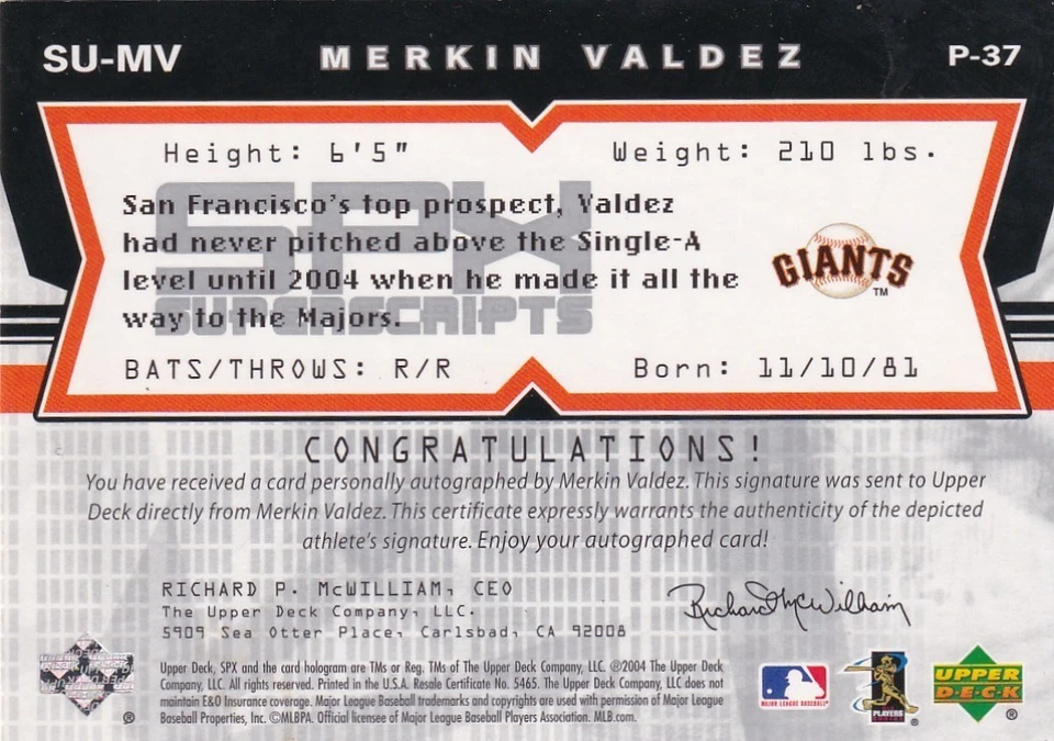 2004 SPx Super Scripts Rookie Auto Merkin Valdez #SU-MV Auto RC FREE SHIP - Image 2 of 2