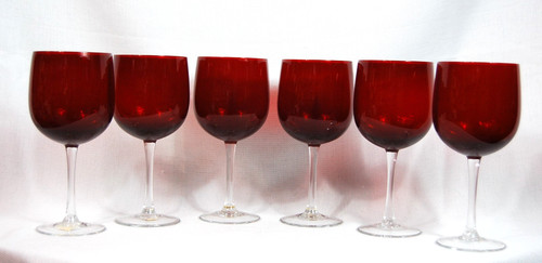 Set of 6 Crate and Barrel Ruby Red Wine Glasses 20 oz Red Bowl Clear Stem