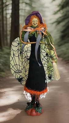 Creepy Cute Witch 18  Tall Figure Pumpkin  Cobwebs Mixed Media For Home Decor