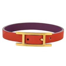 HERMES B-Api Leather Bracelet in Rouge Anemone Gold Metal Women USED