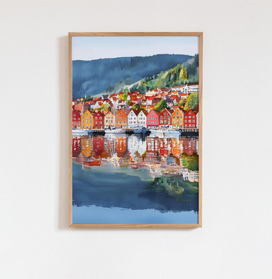 Bergen Norway Poster   Colorful Watercolor Scandinavian Wall Art for Home Decor